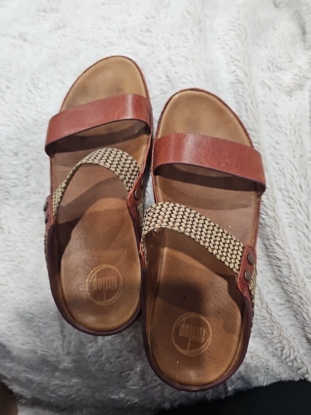 Fitflop Women's Tan Leather Slide Sandals with Woven Beige Strap